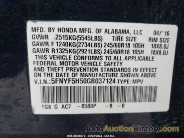 HONDA PILOT, 5FNYF5H0GB037124