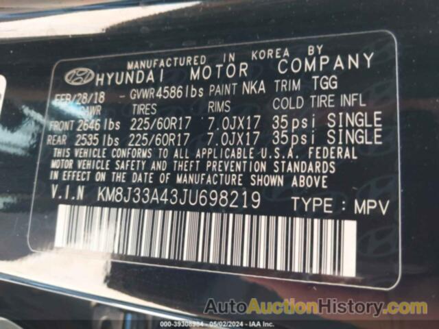 HYUNDAI TUCSON SEL, KM8J33A43JU698219