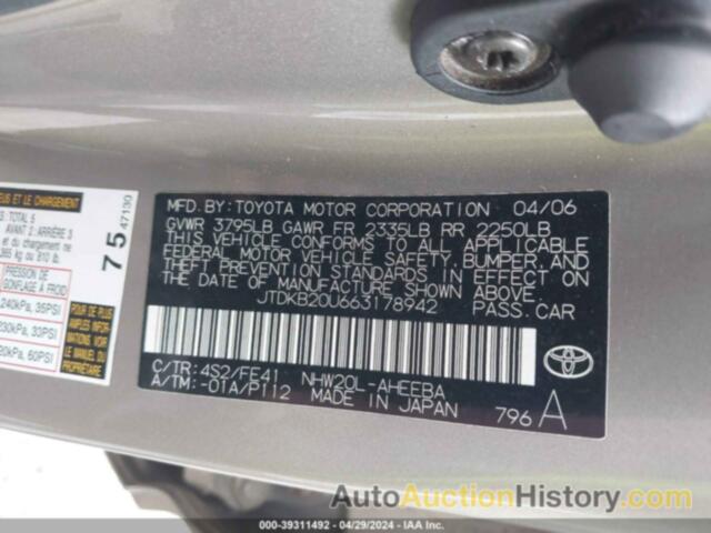 TOYOTA PRIUS, JTDKB20U663178942