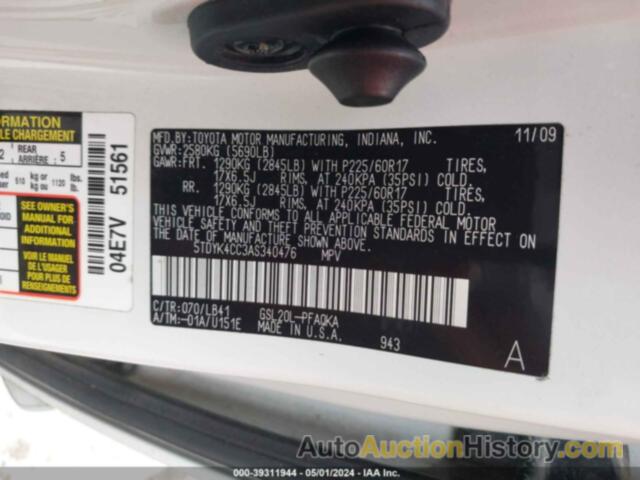 TOYOTA SIENNA XLE, 5TDYK4CC3AS340476