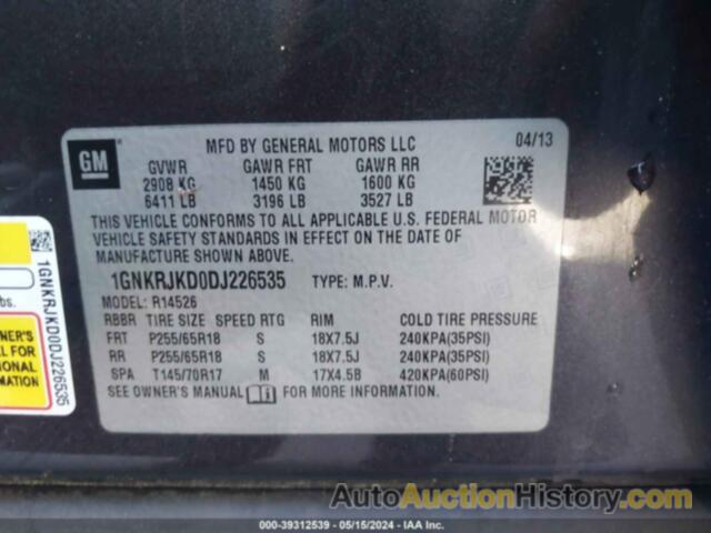 CHEVROLET TRAVERSE 2LT, 1GNKRJKD0DJ226535