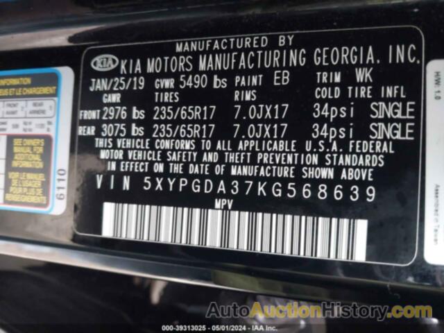 KIA SORENTO 2.4L LX, 5XYPGDA37KG568639