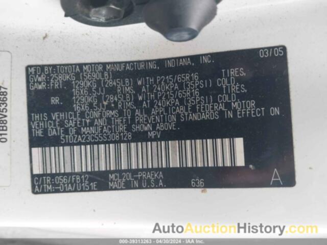 TOYOTA SIENNA LE, 5TDZA23C55S308128