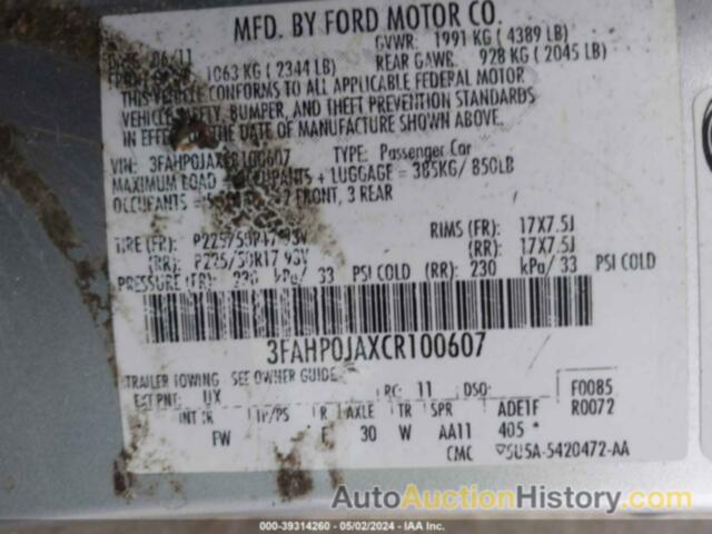 FORD FUSION SEL, 3FAHP0JAXCR100607