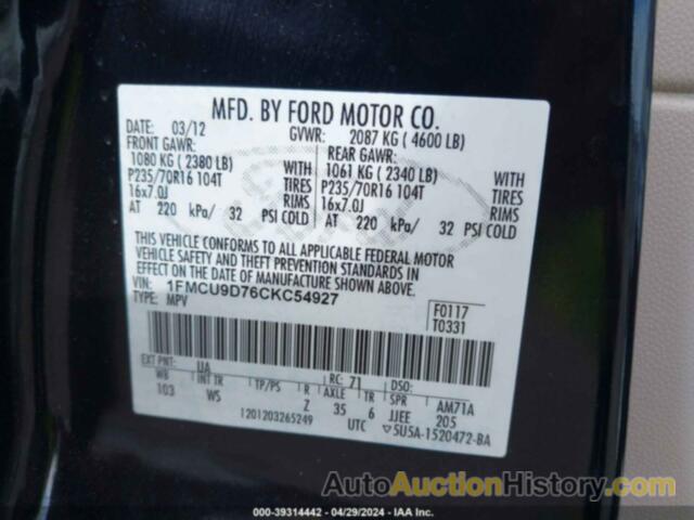 FORD ESCAPE XLT, 1FMCU9D76CKC54927