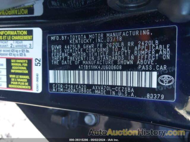 TOYOTA CAMRY L/LE/XLE/SE/XSE, 4T1B11HK4JU600608