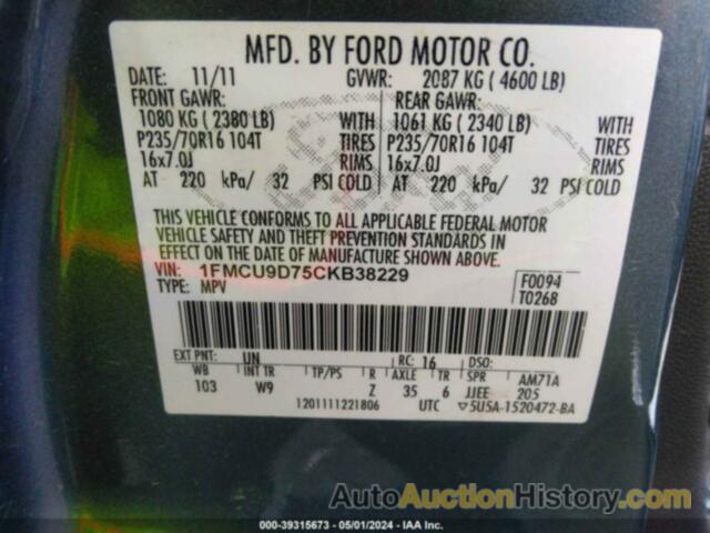 FORD ESCAPE XLT, 1FMCU9D75CKB38229