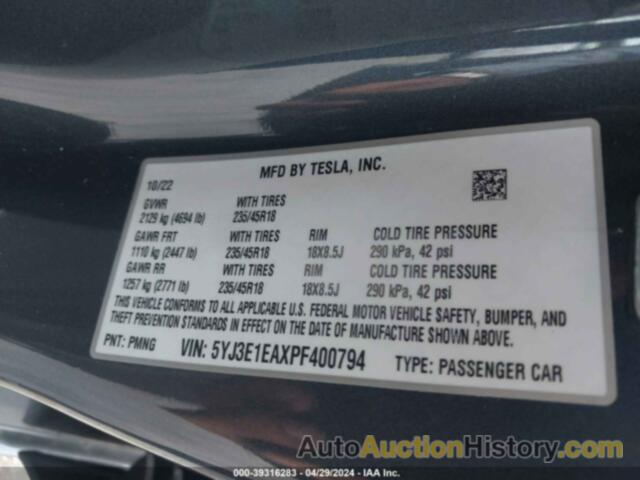 TESLA MODEL 3 REAR-WHEEL DRIVE, 5YJ3E1EAXPF400794