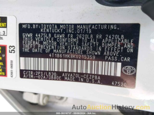 TOYOTA CAMRY XSE, 4T1B61HK8KU215359