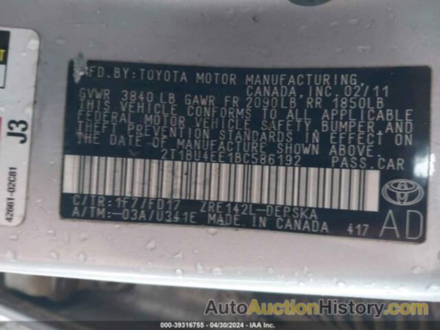 TOYOTA COROLLA S/LE, 2T1BU4EE1BC586192