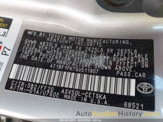 TOYOTA CAMRY LE/XLE/SE/XSE, 4T1BF1FK7GU511807