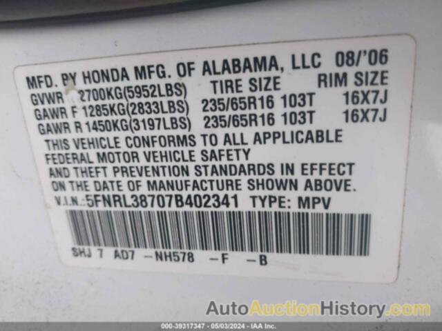 HONDA ODYSSEY EX-L, 5FNRL38707B402341