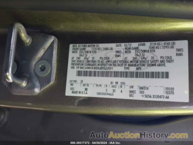 FORD ESCAPE SEL, 1FMCU9HX2DUB52251