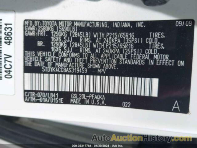 TOYOTA SIENNA XLE, 5TDYK4CC8AS319459