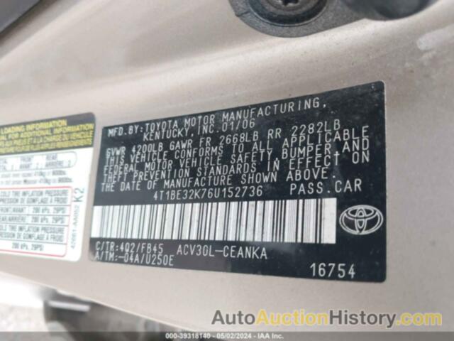 TOYOTA CAMRY LE, 4T1BE32K76U152736