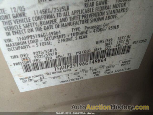 FORD FIVE HUNDRED LIMITED, 1FAHP25196G149864