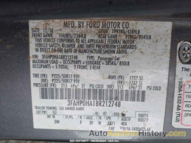 FORD FUSION SE, 3FAHP0HA1BR212748