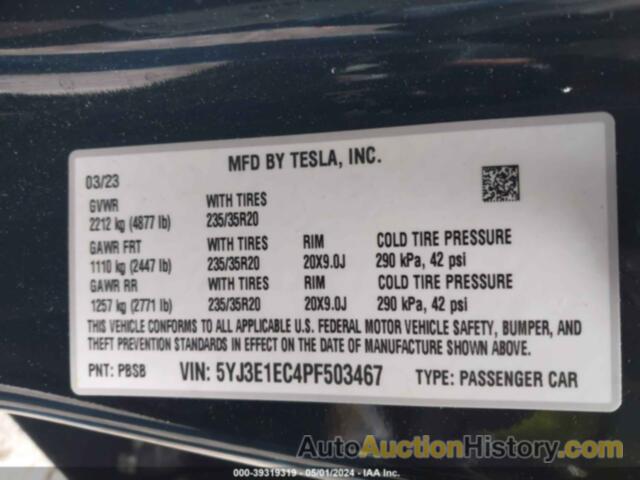 TESLA MODEL 3 PERFORMANCE DUAL MOTOR ALL-WHEEL DRIVE, 5YJ3E1EC4PF503467