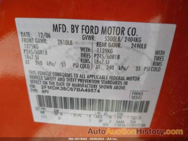 FORD EDGE SEL, 2FMDK38C67BA49574