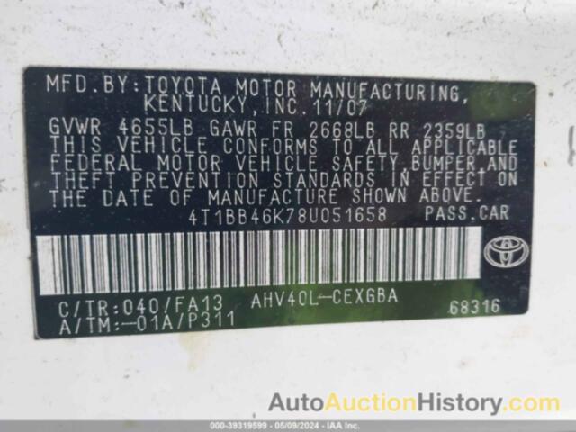 TOYOTA CAMRY HYBRID HYBRID, 4T1BB46K78U051658