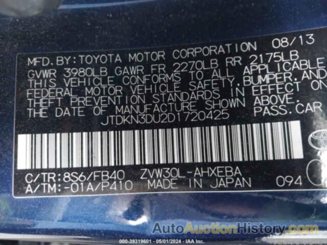 TOYOTA PRIUS, JTDKN3DU2D1720425