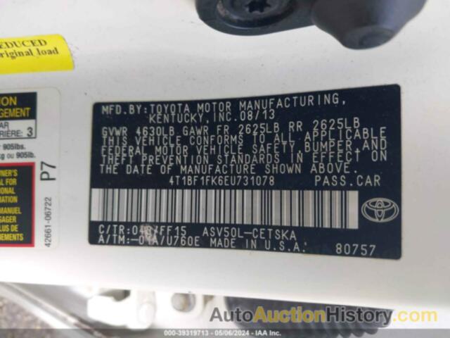 TOYOTA CAMRY L/SE/LE/XLE, 4T1BF1FK6EU731078