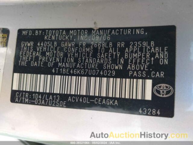 TOYOTA CAMRY XLE, 4T1BE46K67U074029