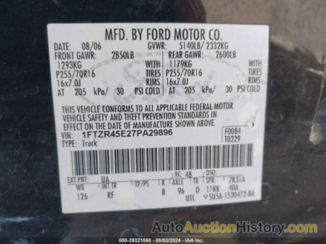 FORD RANGER FX4 LEVEL II/FX4 OFF-ROAD/SPORT/XLT, 1FTZR45E27PA29896