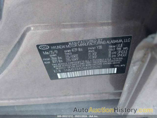 HYUNDAI SANTA FE SEL/SEL PLUS, 5NMS33AD6KH105261