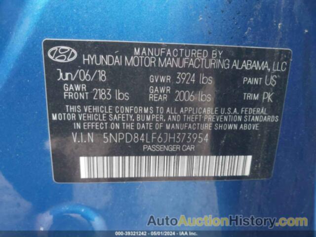 HYUNDAI ELANTRA SEL/VALUE/LIMITED, 5NPD84LF6JH373954