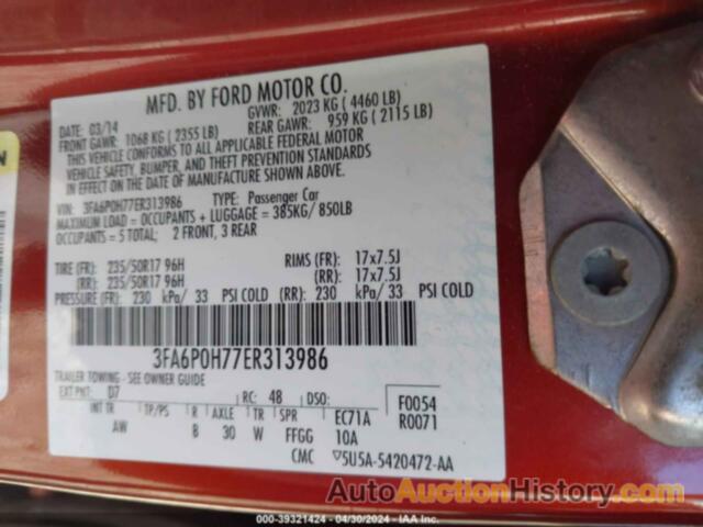 FORD FUSION SE, 3FA6P0H77ER313986