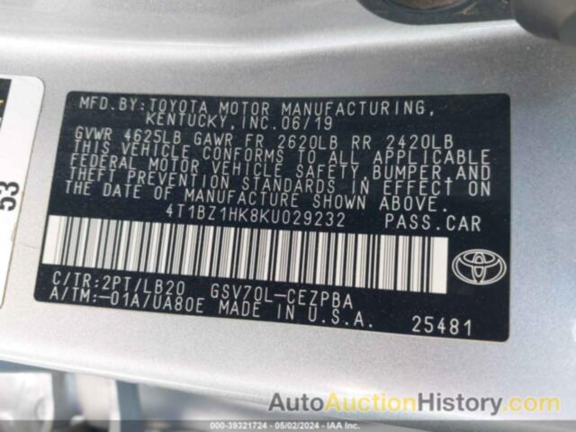 TOYOTA CAMRY XSE/XLE, 4T1BZ1HK8KU029232