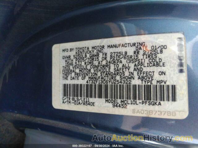 TOYOTA SIENNA XLE, 4T3ZF13C6YU254322