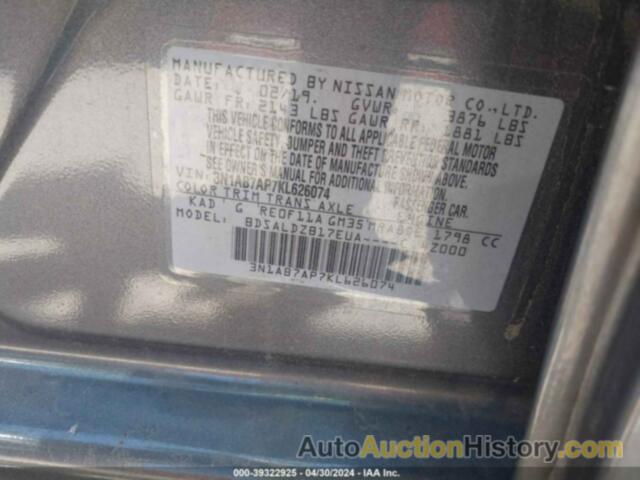 NISSAN SENTRA SV, 3N1AB7AP7KL626074