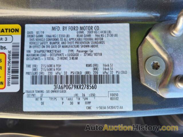 FORD FUSION S, 3FA6P0G79KR278560