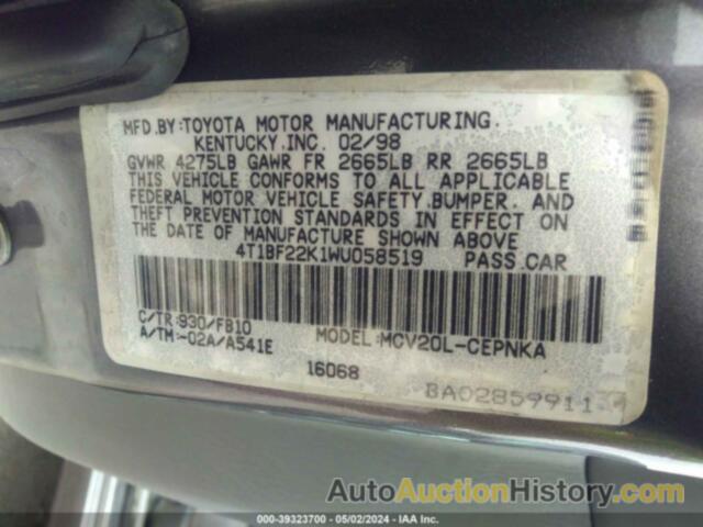 TOYOTA CAMRY CE/LE/XLE, 4T1BF22K1WU058519