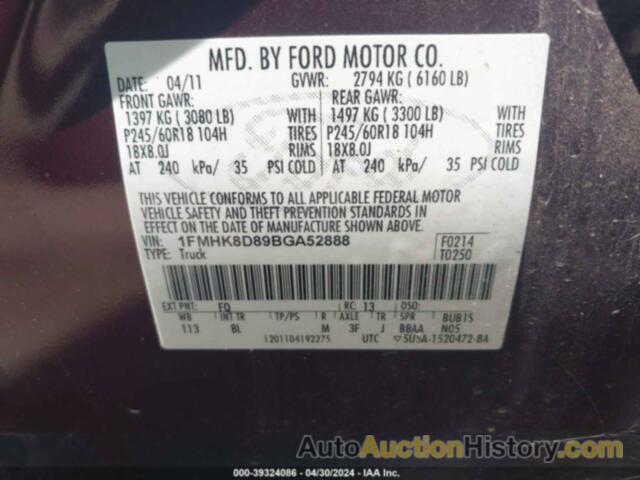 FORD EXPLORER XLT, 1FMHK8D89BGA52888