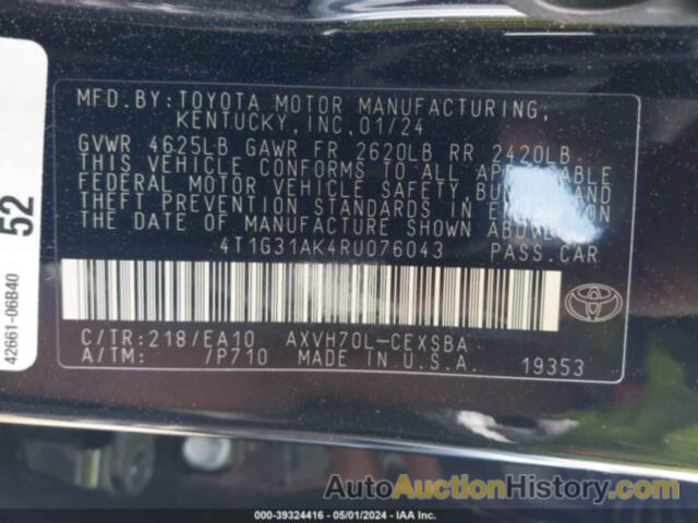 TOYOTA CAMRY HYBRID SE, 4T1G31AK4RU076043