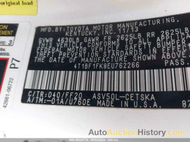 TOYOTA CAMRY L/SE/LE/XLE, 4T1BF1FK8EU762266