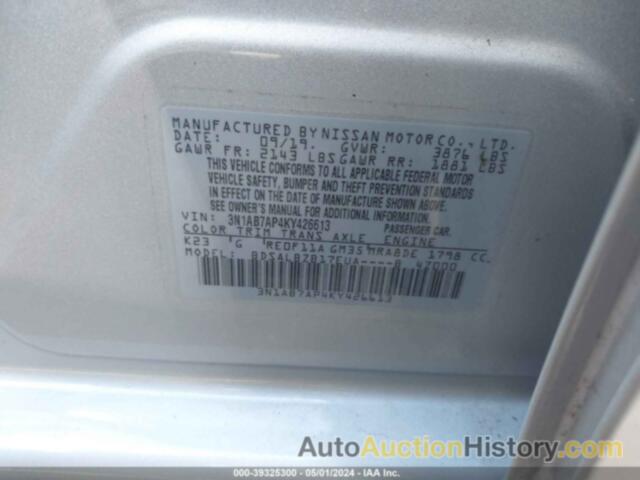 NISSAN SENTRA S/SV/SR/SL, 3N1AB7AP4KY426613