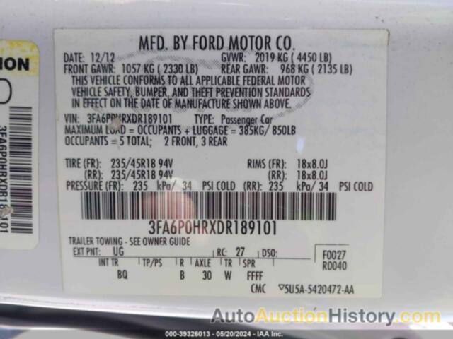 FORD FUSION SE, 3FA6P0HRXDR189101