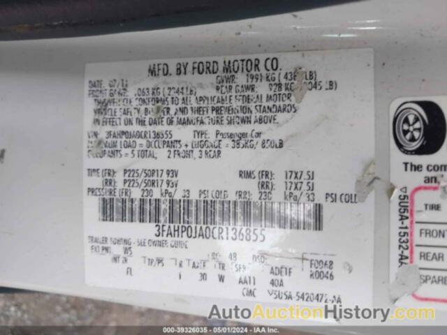 FORD FUSION SEL, 3FAHP0JA0CR136855