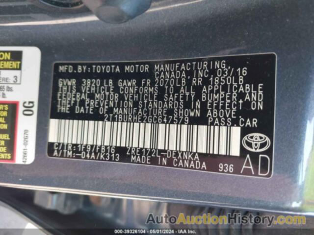 TOYOTA COROLLA L/LE/LE PLS/PRM/S/S PLS, 2T1BURHE2GC647579