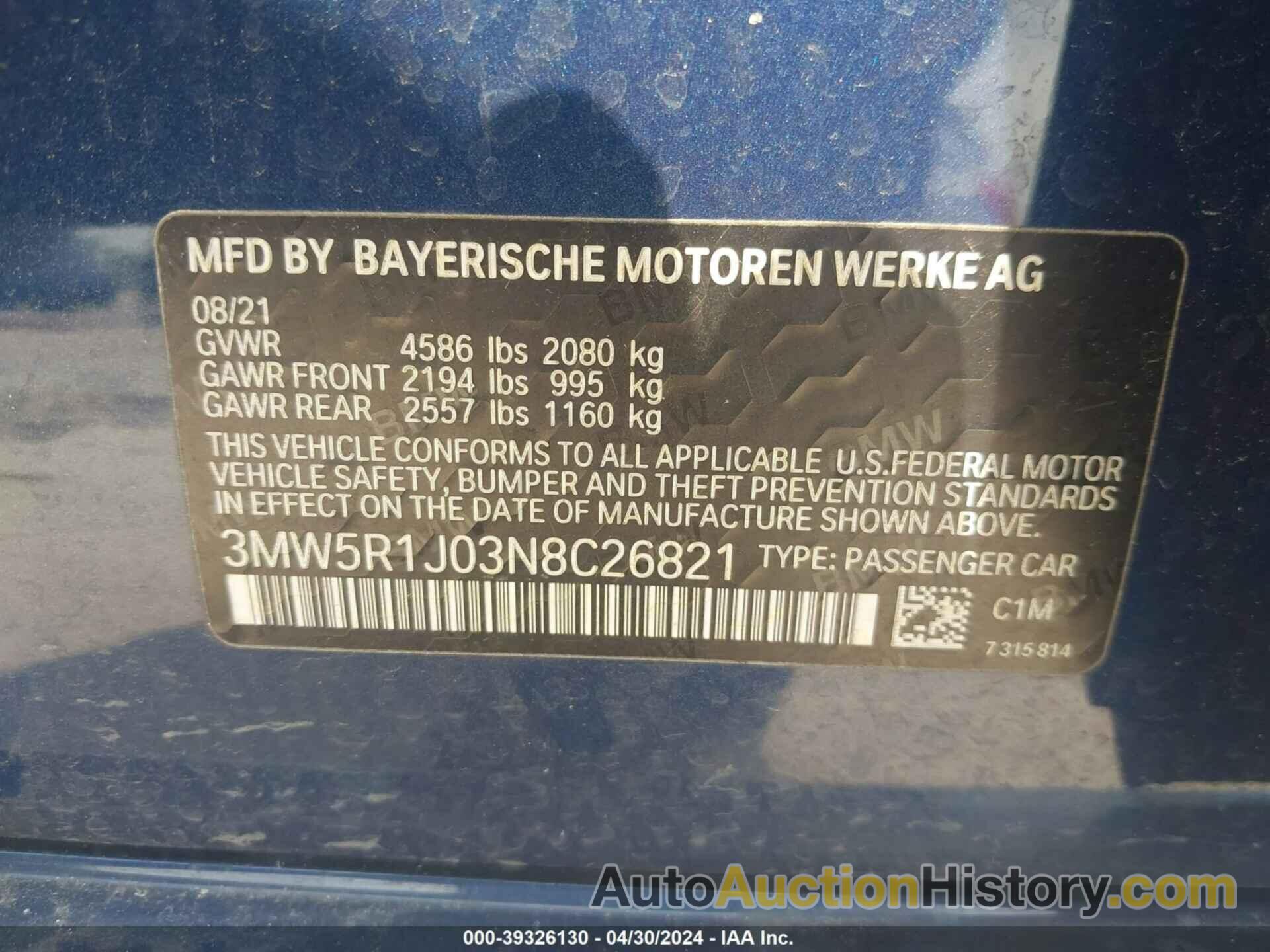 BMW 330I, 3MW5R1J03N8C26821