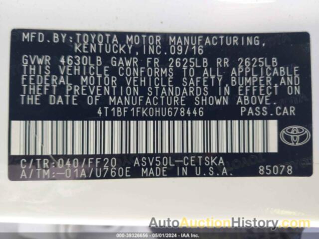 TOYOTA CAMRY SE, 4T1BF1FK0HU678446