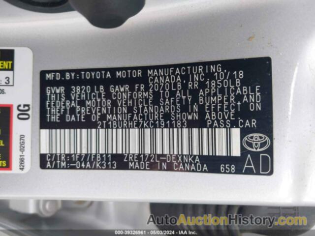 TOYOTA COROLLA LE, 2T1BURHE7KC191183