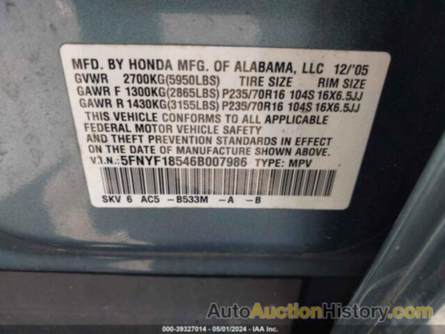 HONDA PILOT EX-L, 5FNYF18546B007986