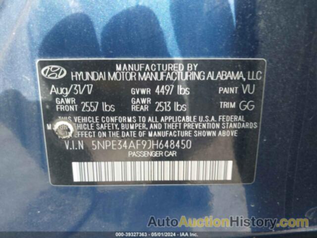 HYUNDAI SONATA SEL, 5NPE34AF9JH648450