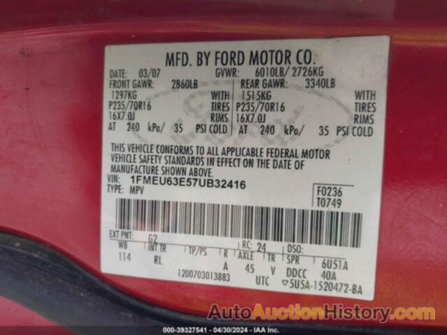 FORD EXPLORER XLT, 1FMEU63E57UB32416