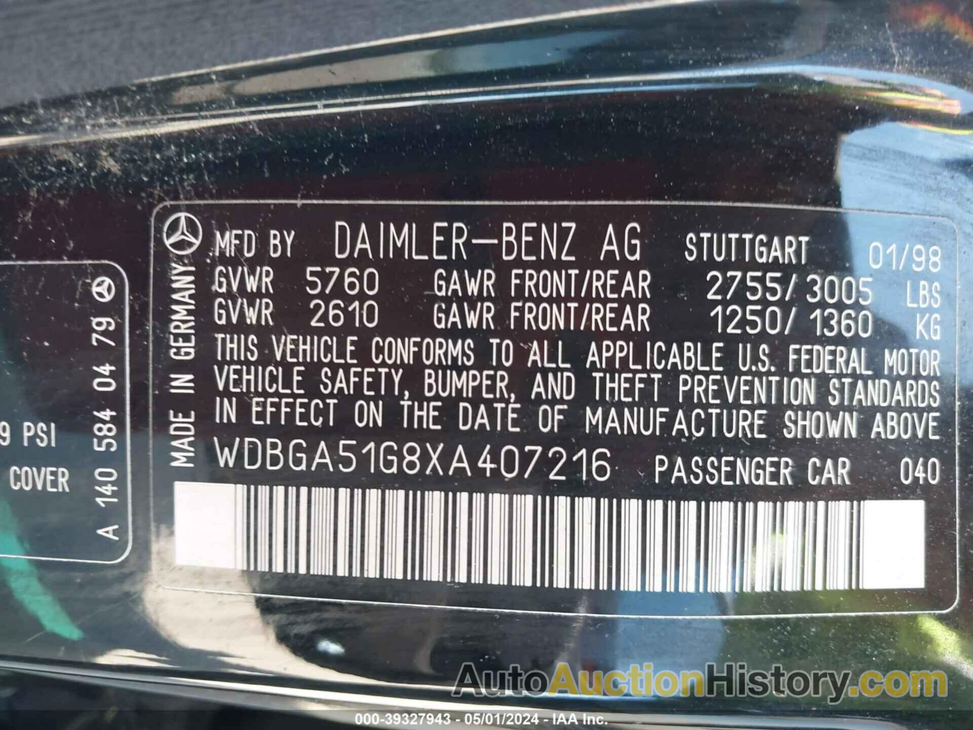 MERCEDES-BENZ S 500, WDBGA51G8XA407216